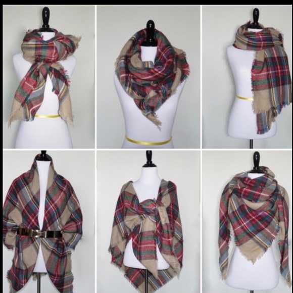 Plaid Blanket Wrap Scarf Tan White Blue Blk Yellow - Picture 6 of 7